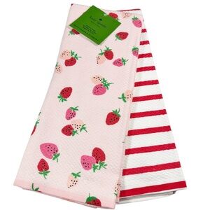 NEW Kate Spade STRAWBERRY/STRIPES THEMED Pink & Red Kitchen Towels Set/2